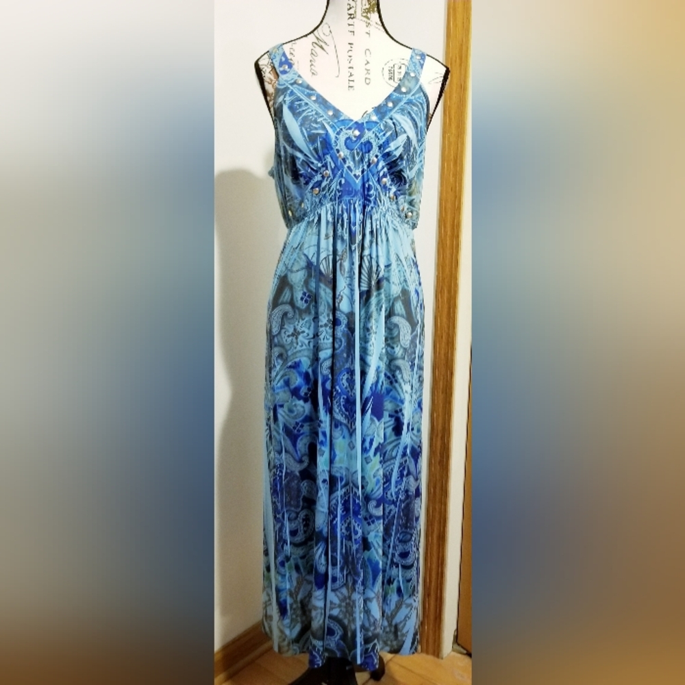 Unity World Wear Blue Paisley Long Maxi Dress Size S Boho Empire Waist Whimsical